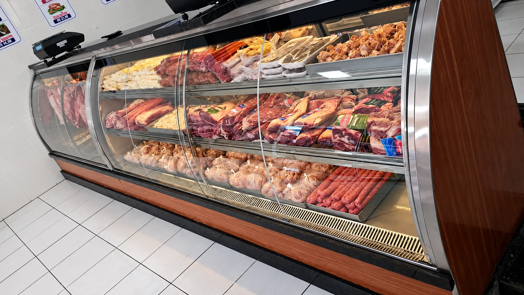 Balcão expositor refrigerado de açougue com vidro curvo e três níveis de bandejas com cortes, frango e linguiças